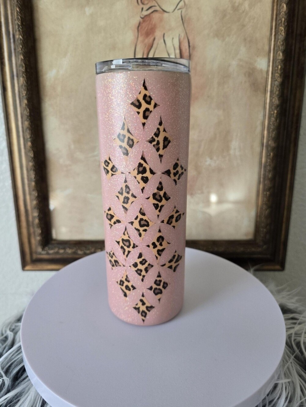 Handmade 20oz Skinny Tumbler Pink Glitter Leopard Print Stainless Steel Cup - Picture 6 of 6